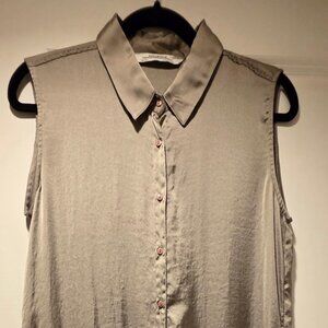 ZARA Long Floral Embroidered Satin Sleeveless Tunic Khaki Green shirt dress SM